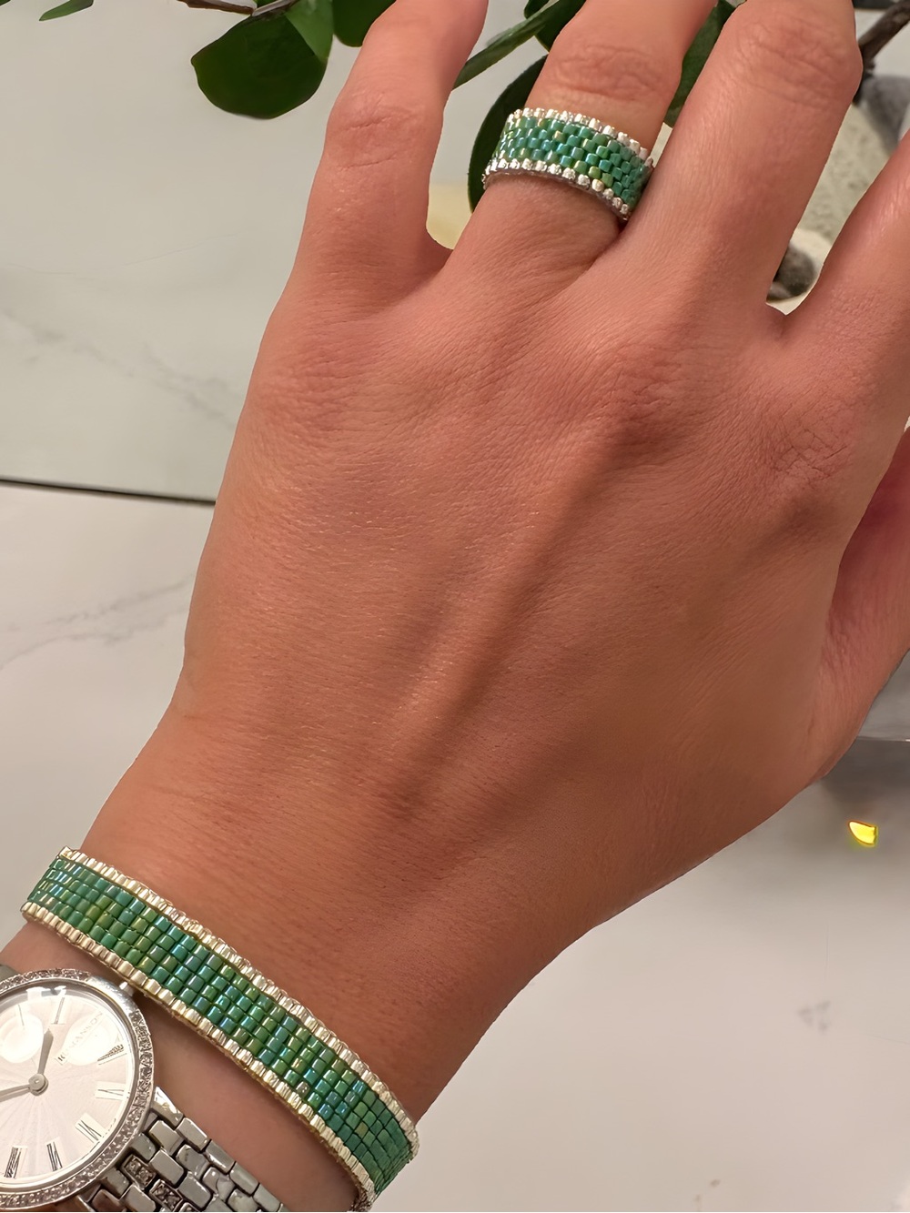 Atika Loom Emerald Mist Miyuki Beaded Ring - Picture 7 of 8